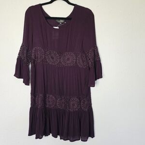 Suzanne Betro Dress Size M Purple Tiered Midi Bell Sleeve Lace Babydoll NWT NEW
